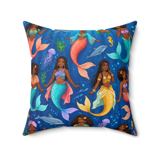 Colorful Mermaid Pattern Square Pillow — Mermaid Girls Ocean Throw Pillow