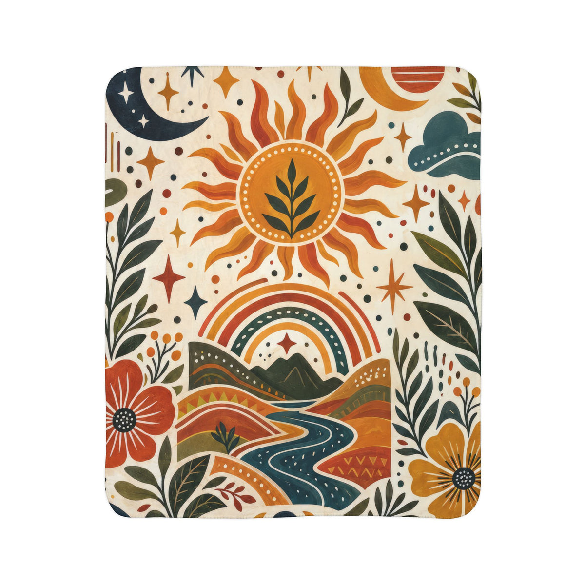 Sherpa Blanket — Boho Sun & Rainbow Floral Fleece Throw