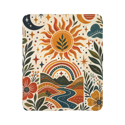 Sherpa Blanket — Boho Sun & Rainbow Floral Fleece Throw