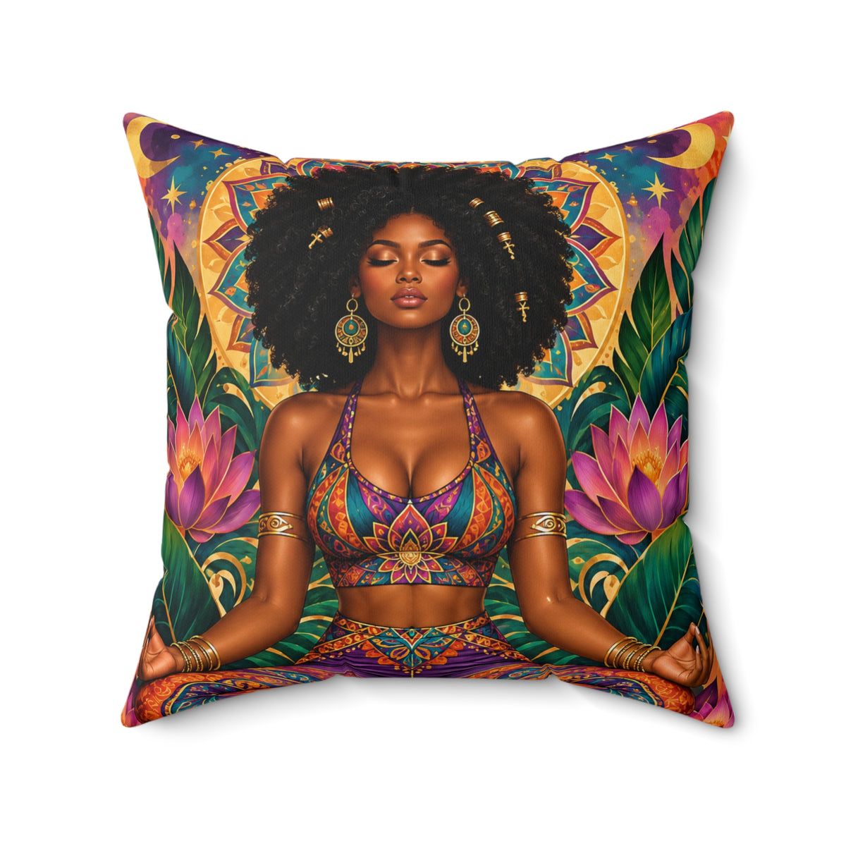 Meditative Afro Goddess Decorative Pillow — Boho Yoga Home Accent