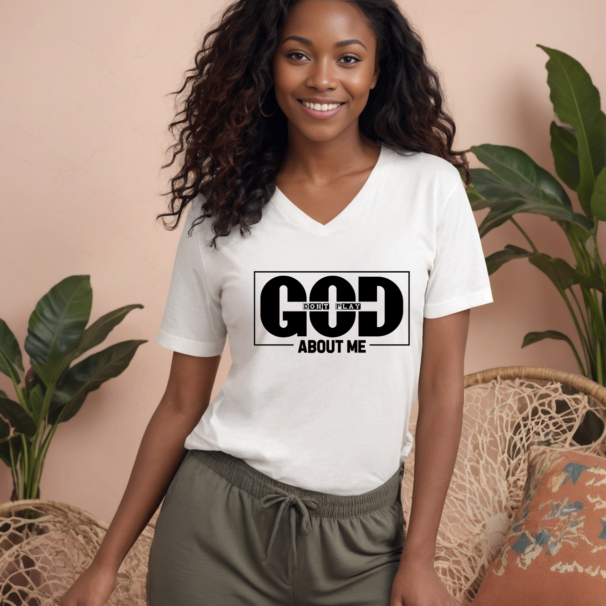 God Don't Play About Me V-Neck Tee — Christian Faith Graphic Shirt