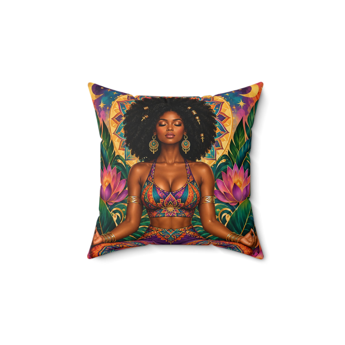 Meditative Afro Goddess Decorative Pillow — Boho Yoga Home Accent