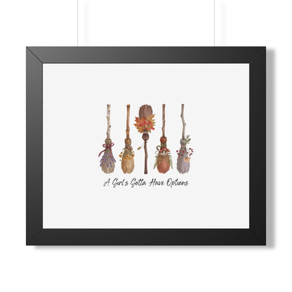 Framed Poster — "A Girl's Gotta Have Options" Floral Brooms Wall Art