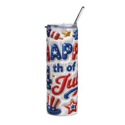 4th of July Stainless Steel Tumbler - Patriotic Happy 4th Travel Mug (20oz)