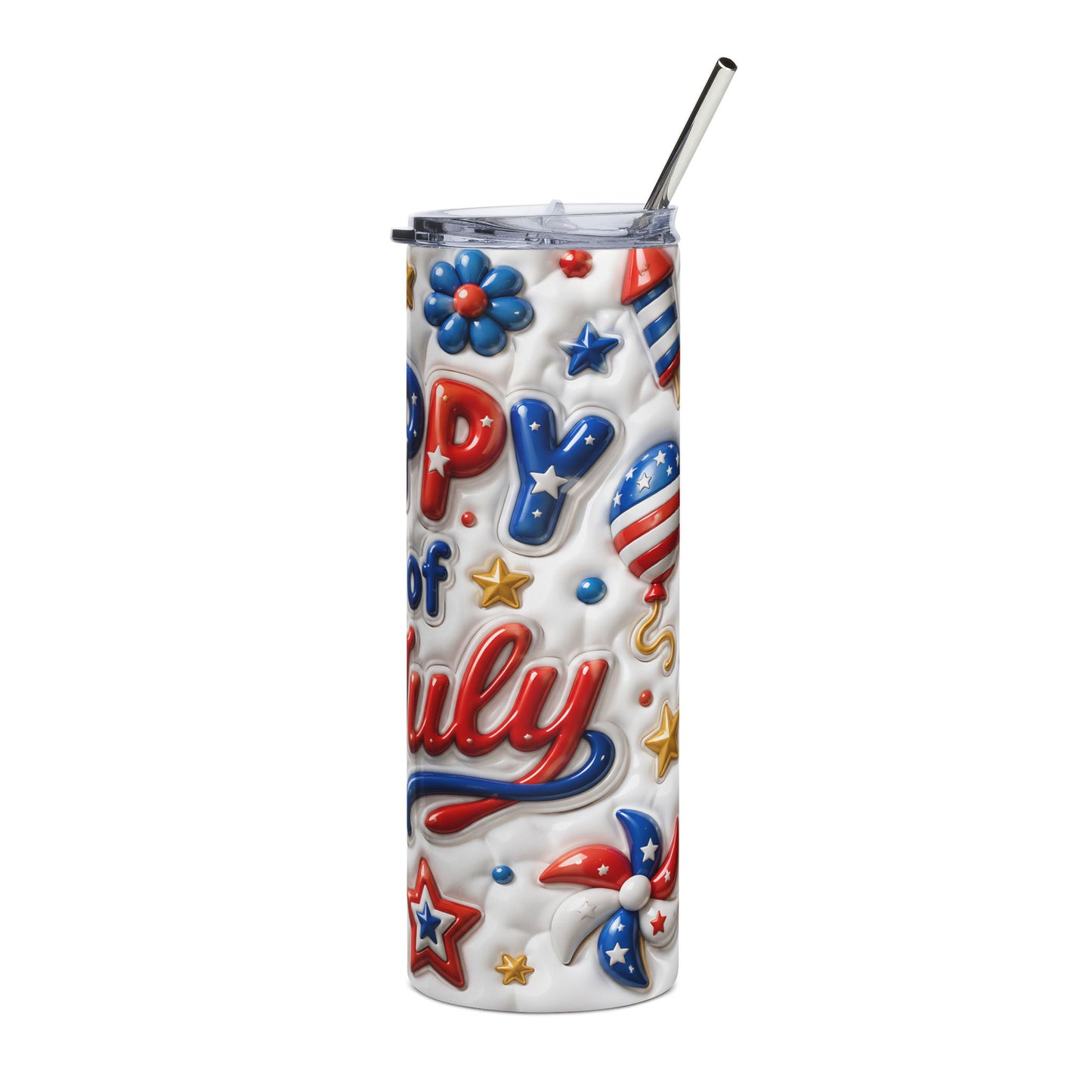 4th of July Stainless Steel Tumbler - Patriotic Happy 4th Travel Mug (20oz)