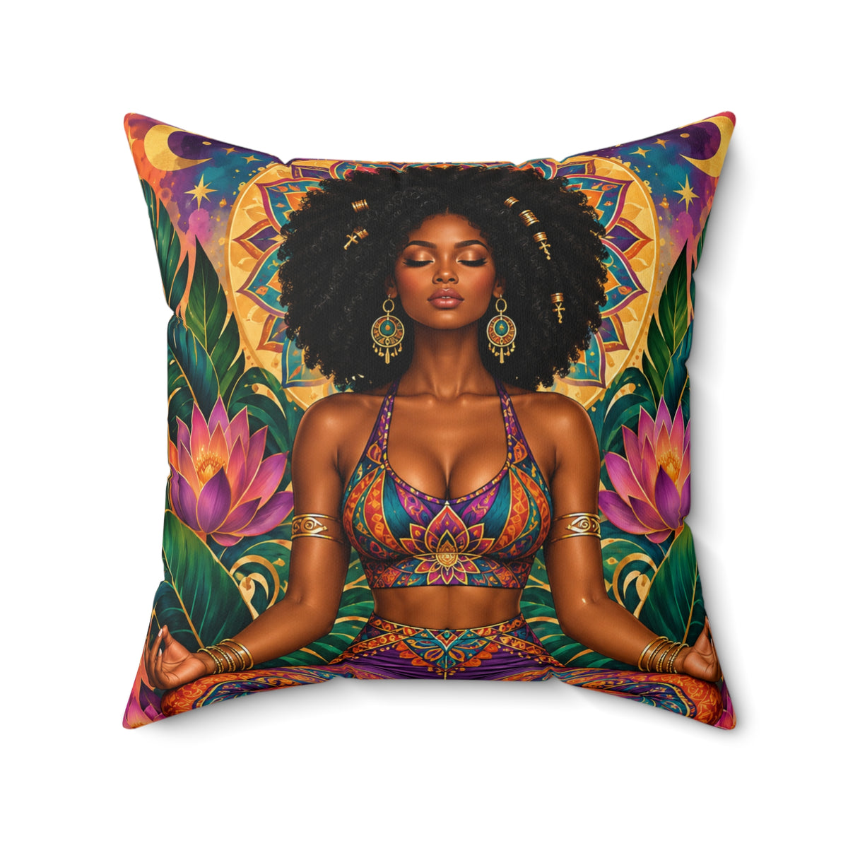 Meditative Afro Goddess Decorative Pillow — Boho Yoga Home Accent