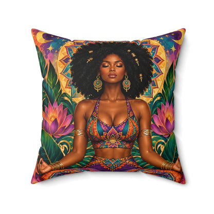 Meditative Afro Goddess Decorative Pillow — Boho Yoga Home Accent