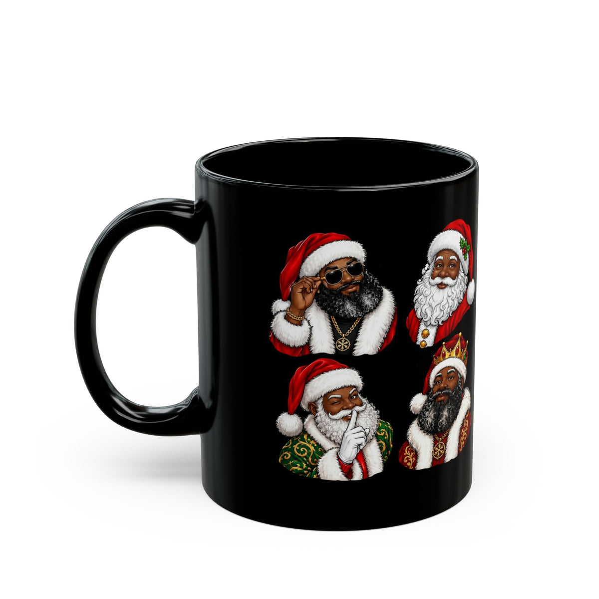 Black Mug with Diverse Santa Claus Christmas Design