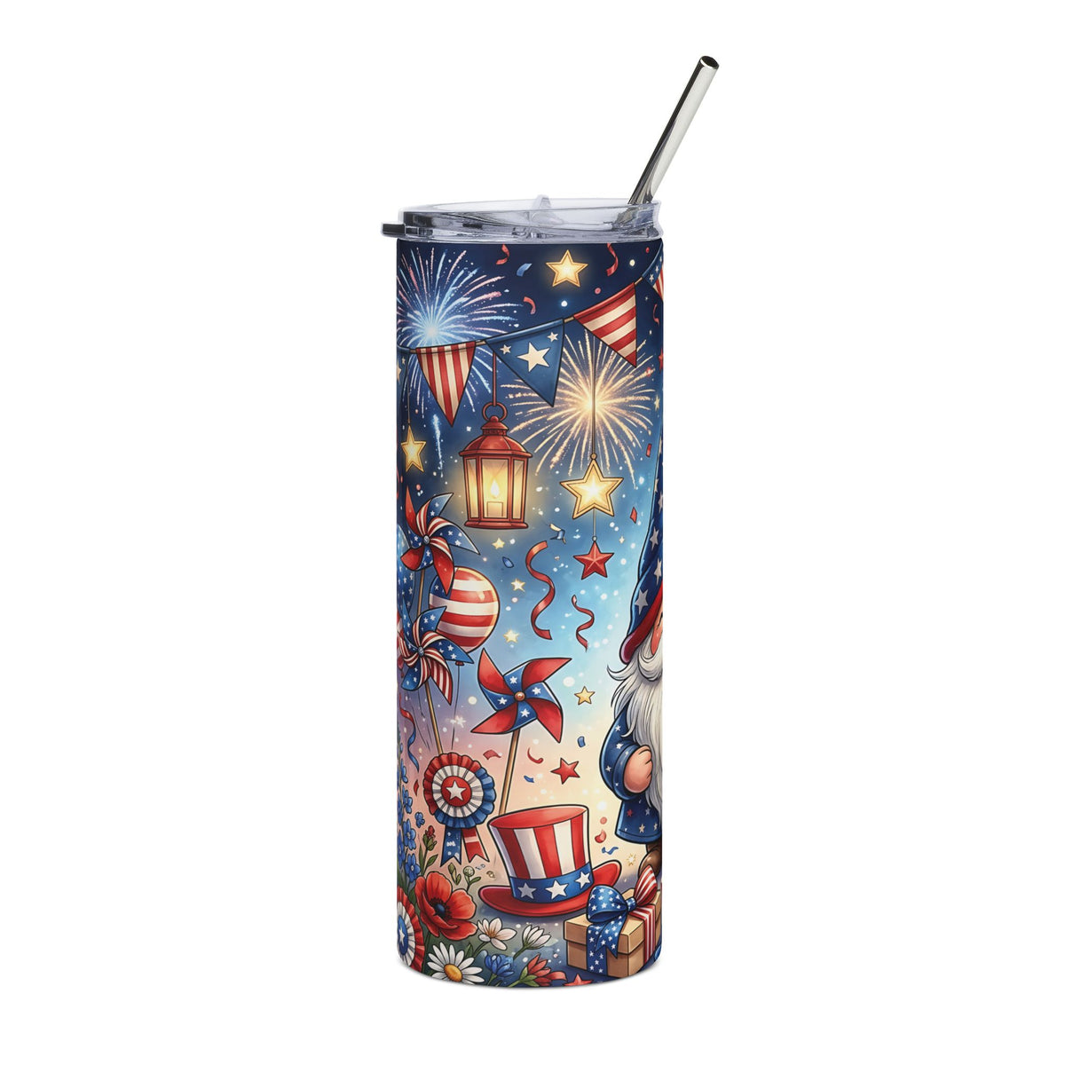4th of July Gnome Skinny Tumbler with Straw — Patriotic 20oz Fireworks Drink Cup