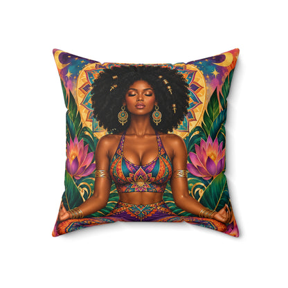 Meditative Afro Goddess Decorative Pillow — Boho Yoga Home Accent
