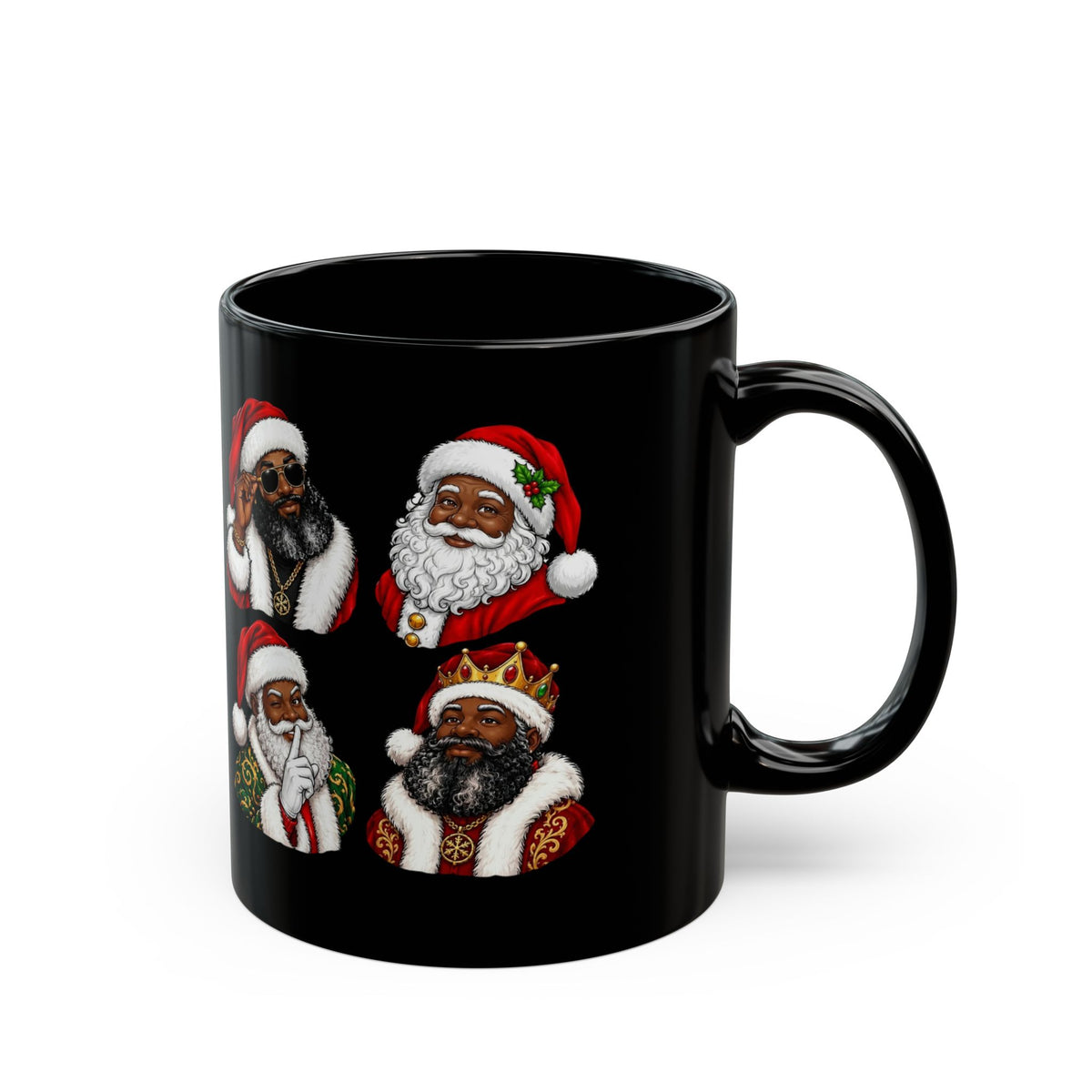 Black Mug with Diverse Santa Claus Christmas Design