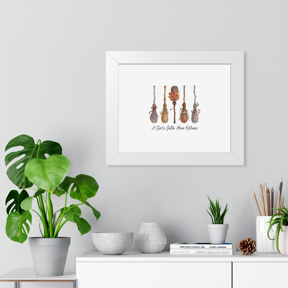Framed Poster — "A Girl's Gotta Have Options" Floral Brooms Wall Art