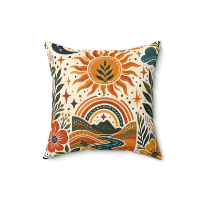 Boho Sun & Rainbow Decorative Pillow — Retro Floral Scenic Throw Pillow