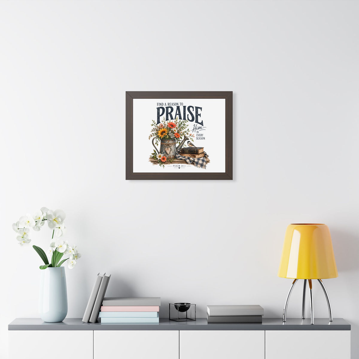 Framed Poster — "Find a Reason to Praise Him Every Season" Floral Bible Verse Wall Art (Psalm 34:1)