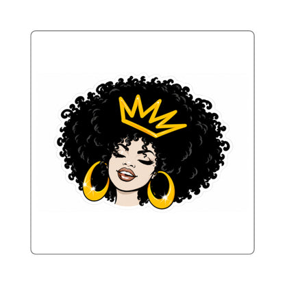 Afro Queen Square Sticker — Black Woman with Crown & Gold Hoops