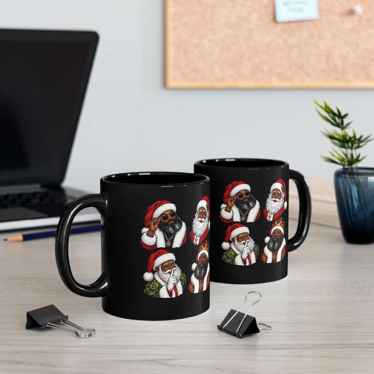 Black Mug with Diverse Santa Claus Christmas Design