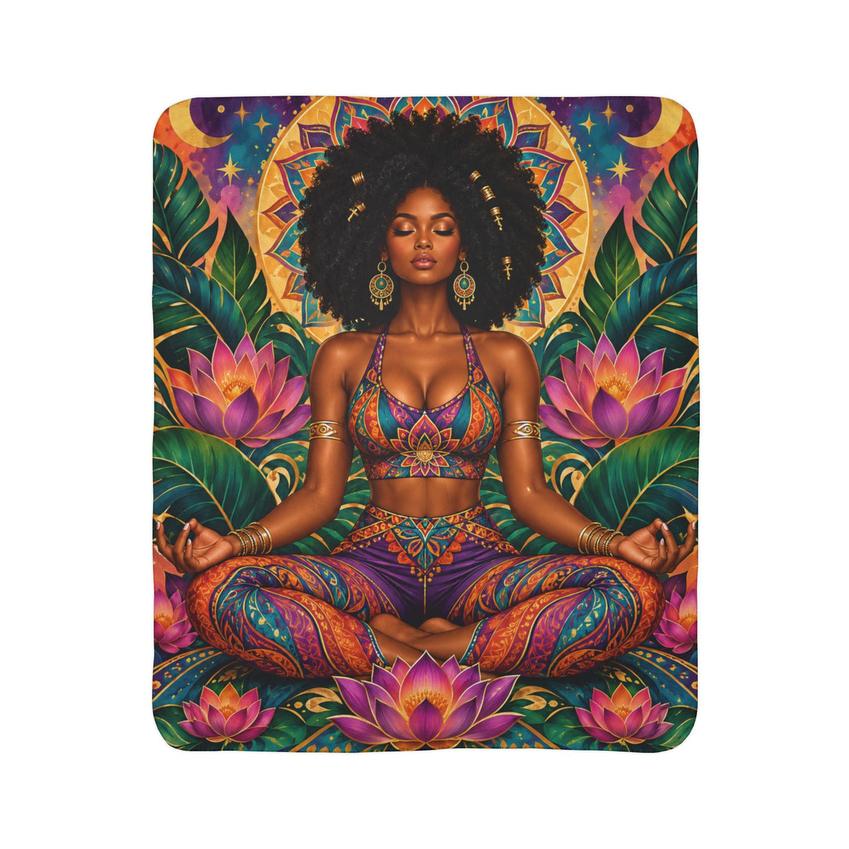 Meditation Goddess Sherpa Blanket — Afrocentric Lotus Yoga Fleece Throw