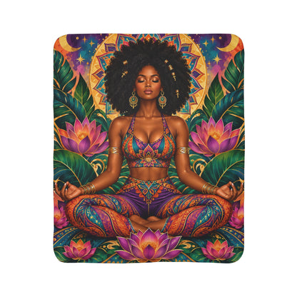 Meditation Goddess Sherpa Blanket — Afrocentric Lotus Yoga Fleece Throw
