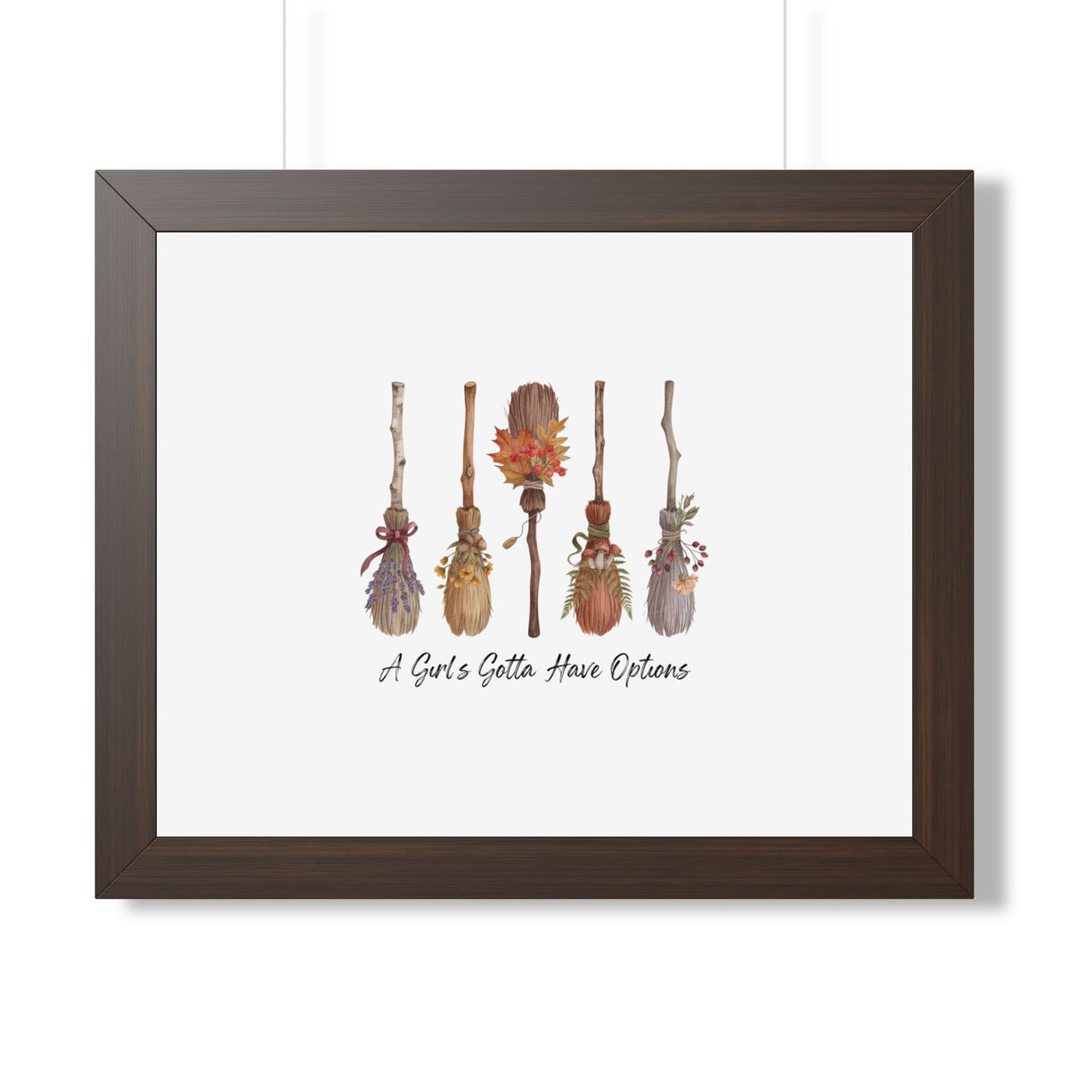 Framed Poster — "A Girl's Gotta Have Options" Floral Brooms Wall Art