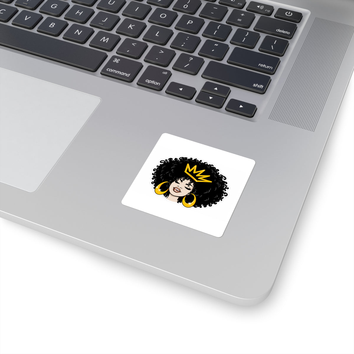 Afro Queen Square Sticker — Black Woman with Crown & Gold Hoops