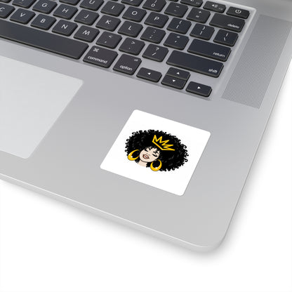 Afro Queen Square Sticker — Black Woman with Crown & Gold Hoops