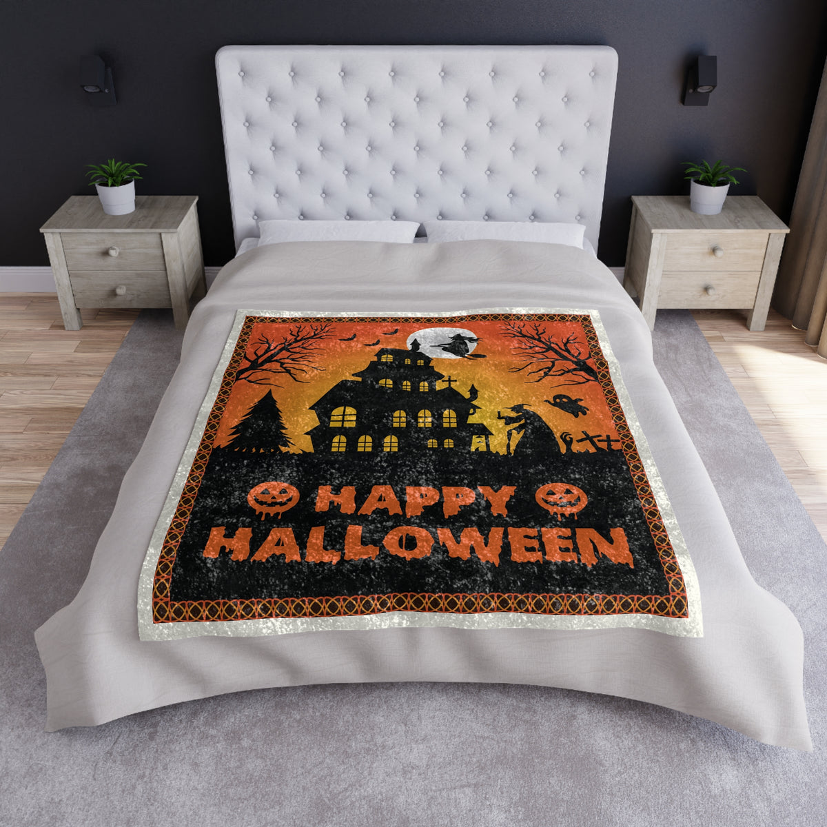 Halloween Haunted House Crushed Velvet Blanket – "Happy Halloween" Cozy Throw