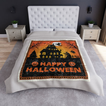 Halloween Haunted House Crushed Velvet Blanket – "Happy Halloween" Cozy Throw