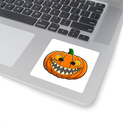Spooky Grinning Pumpkin Square Sticker — Halloween Jack-O'-Lantern Decal