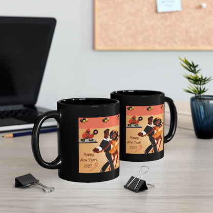 Happy New Year 2027 Black Mug – Festive Celebration Dance Design