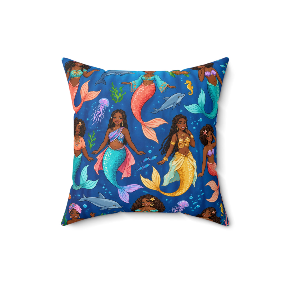 Colorful Mermaid Pattern Square Pillow — Mermaid Girls Ocean Throw Pillow