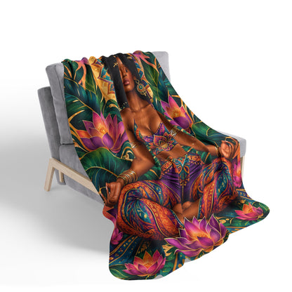 Meditation Goddess Sherpa Blanket — Afrocentric Lotus Yoga Fleece Throw