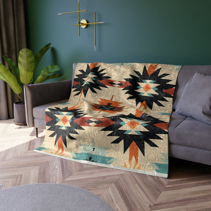 Southwest Aztec Crushed Velvet Blanket — Turquoise & Rust Tribal Throw