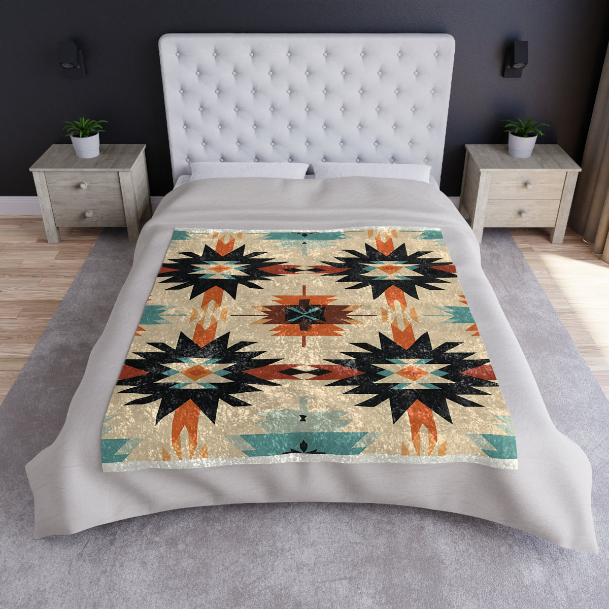 Southwest Aztec Crushed Velvet Blanket — Turquoise & Rust Tribal Throw
