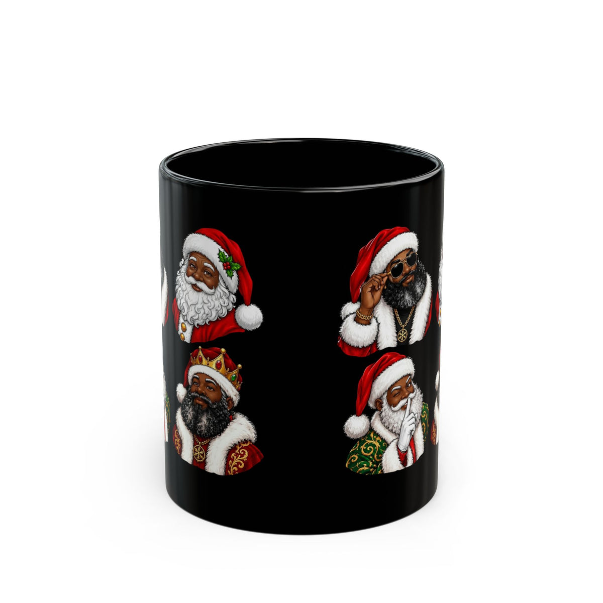 Black Mug with Diverse Santa Claus Christmas Design