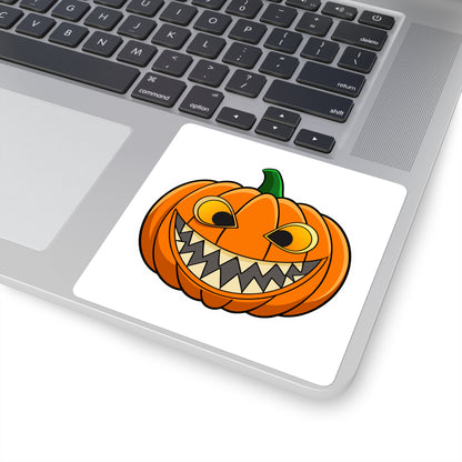 Spooky Grinning Pumpkin Square Sticker — Halloween Jack-O'-Lantern Decal