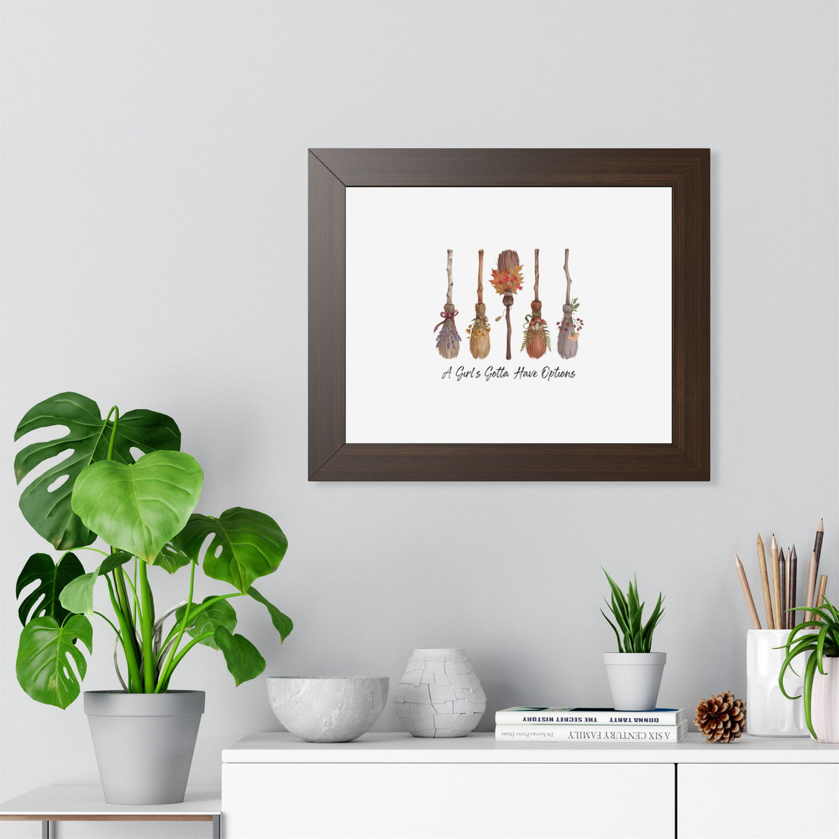 Framed Poster — "A Girl's Gotta Have Options" Floral Brooms Wall Art