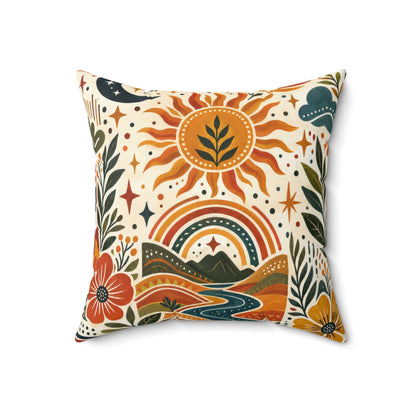 Boho Sun & Rainbow Decorative Pillow — Retro Floral Scenic Throw Pillow
