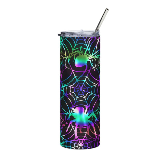 20oz Stainless Steel Tumbler — Neon Rainbow Spiders & Webs Halloween Travel Cup