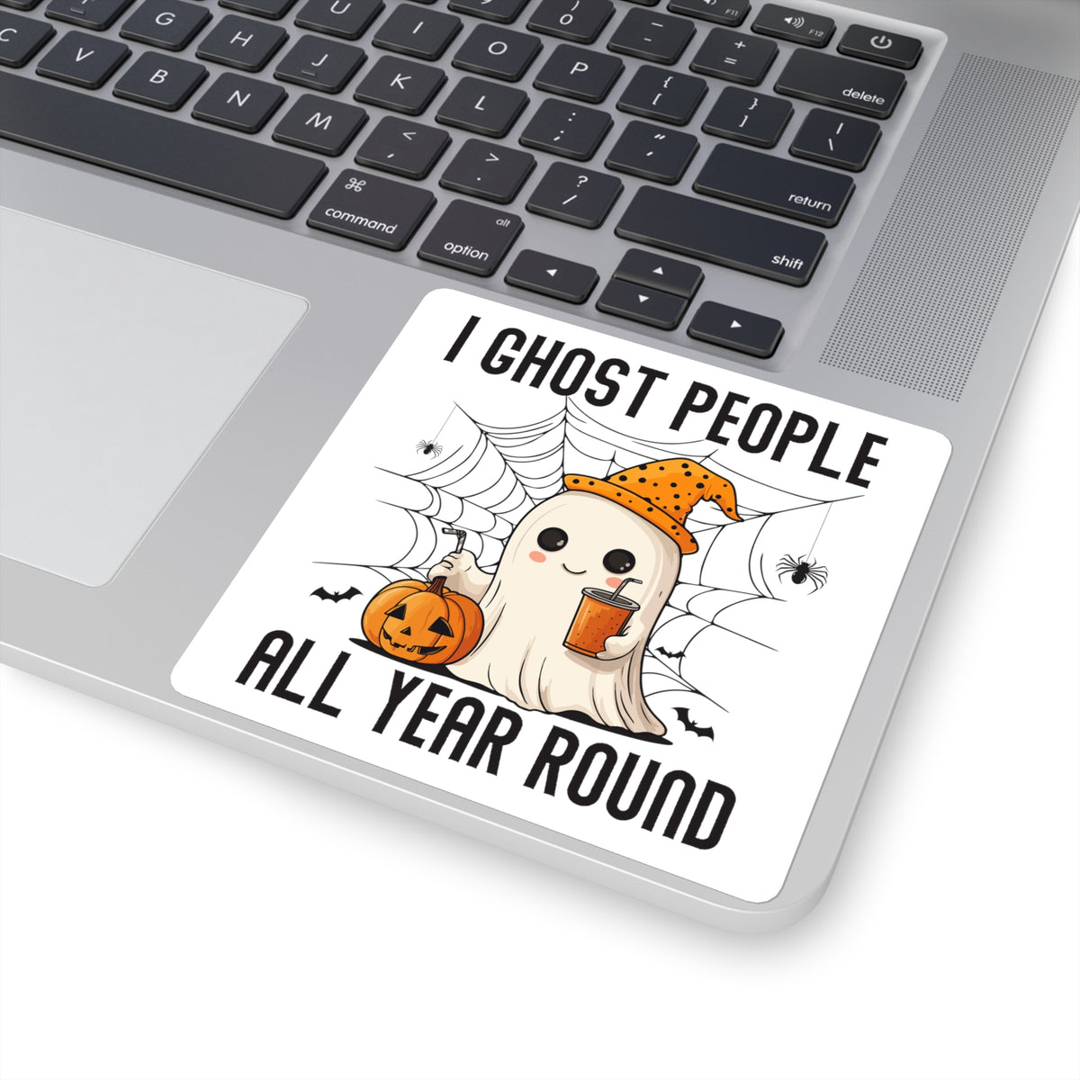 Ghost People All Year Round Square Sticker — Cute Halloween Ghost with Pumpkin & Drink