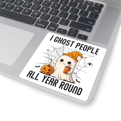 Ghost People All Year Round Square Sticker — Cute Halloween Ghost with Pumpkin & Drink