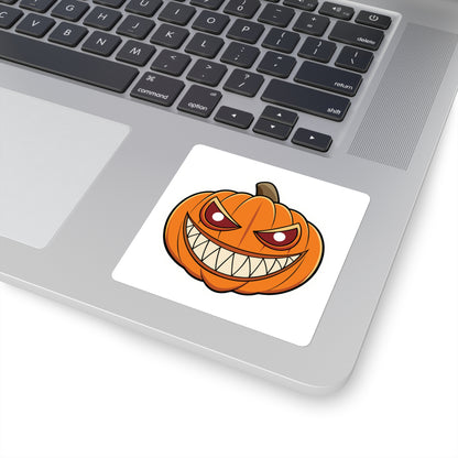Evil Grin Pumpkin Square Sticker — Spooky Halloween Jack-O'-Lantern Decal