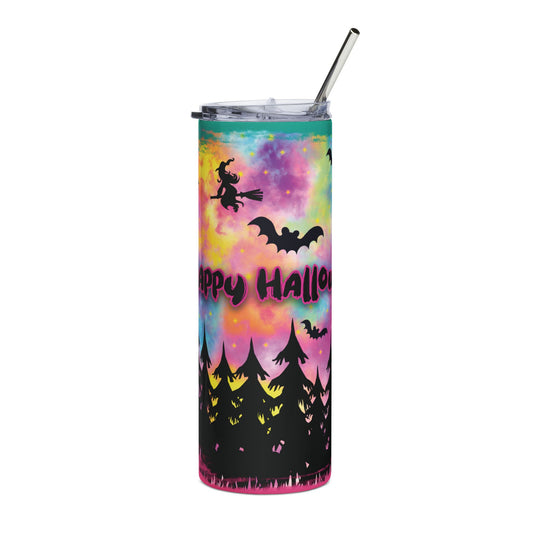 Halloween Tie-Dye 20oz Stainless Tumbler — 'Happy Halloween' Witch and Bats