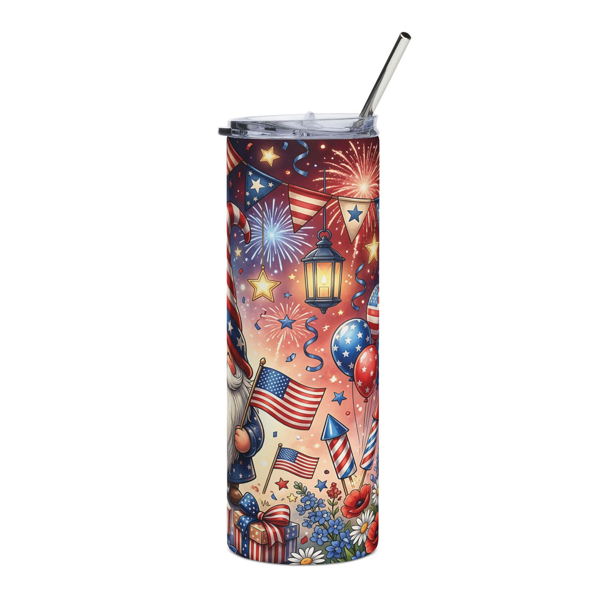 4th of July Gnome Skinny Tumbler with Straw — Patriotic 20oz Fireworks Drink Cup