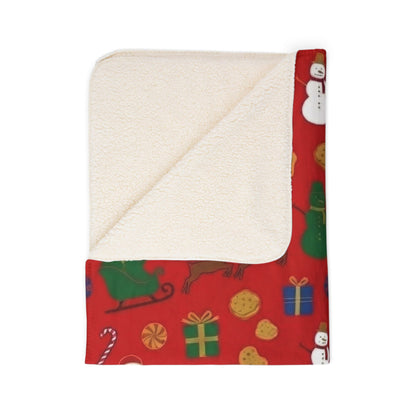 Festive Christmas Sherpa Blanket with Santa, Snowmen & Reindeer