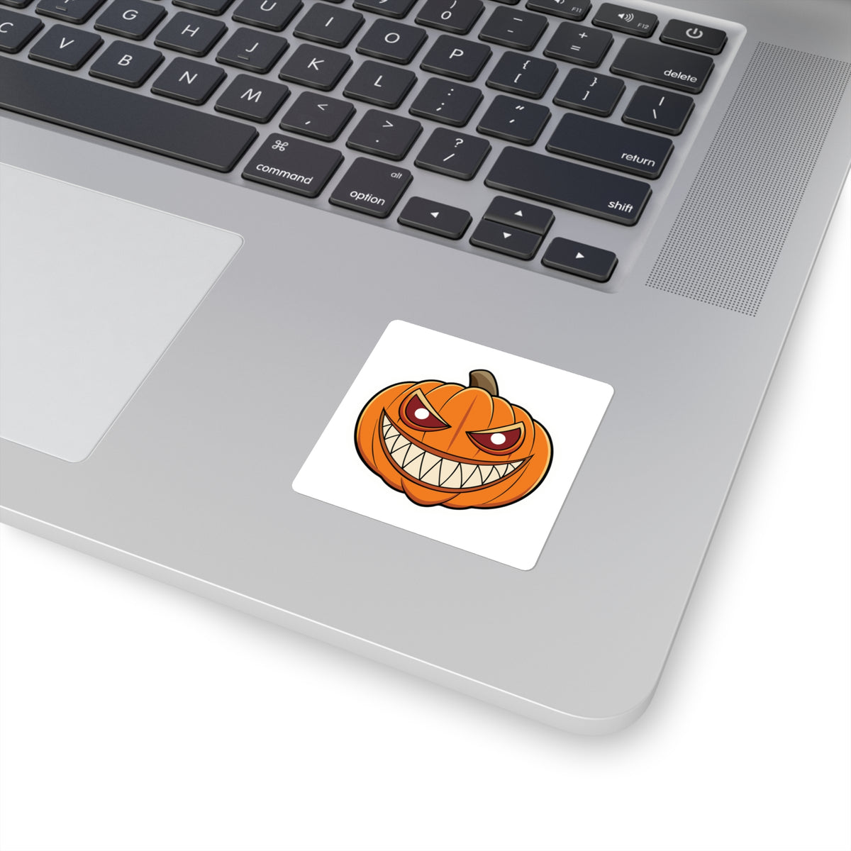 Evil Grin Pumpkin Square Sticker — Spooky Halloween Jack-O'-Lantern Decal