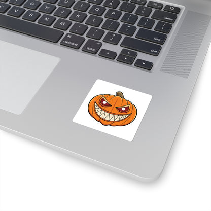 Evil Grin Pumpkin Square Sticker — Spooky Halloween Jack-O'-Lantern Decal