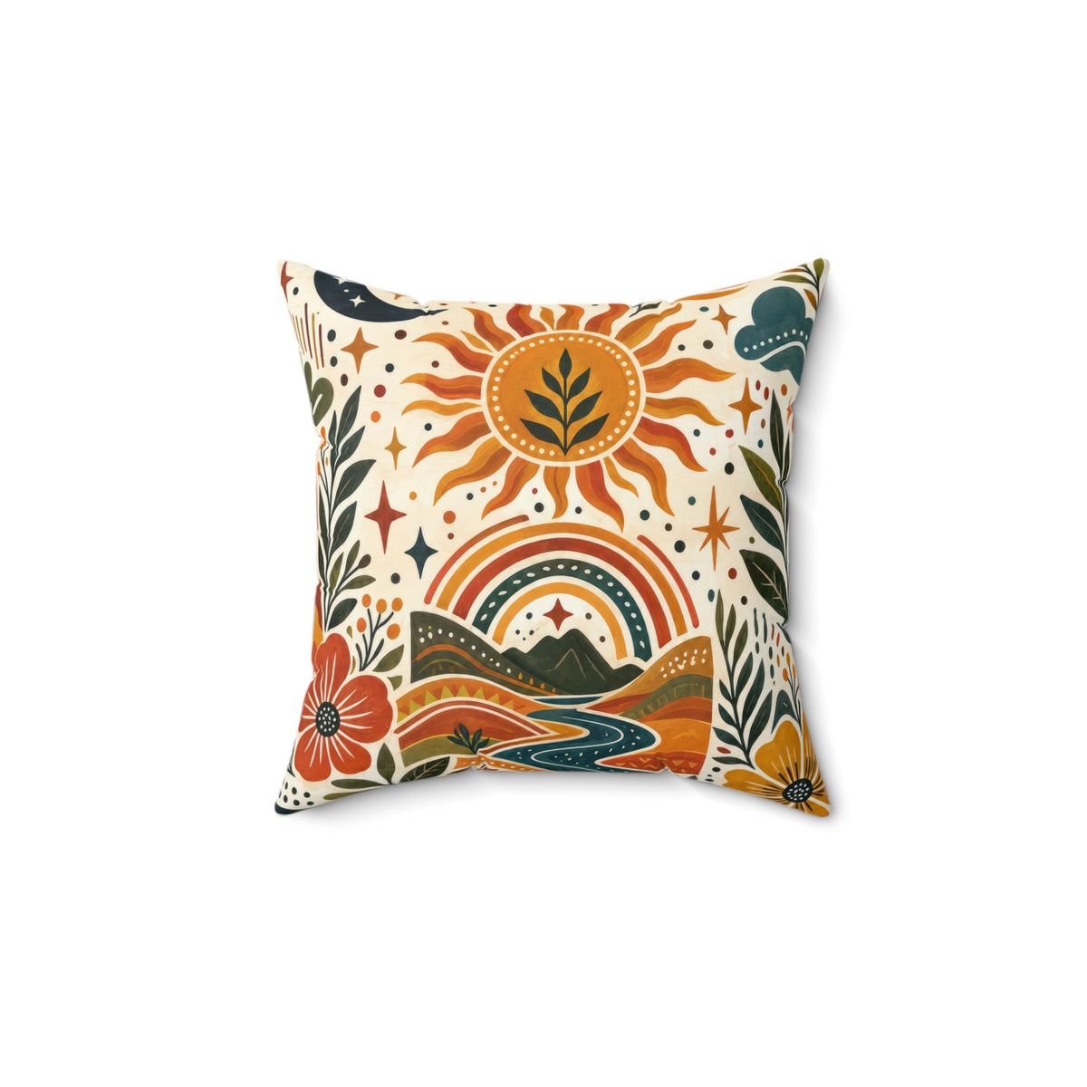 Boho Sun & Rainbow Decorative Pillow — Retro Floral Scenic Throw Pillow