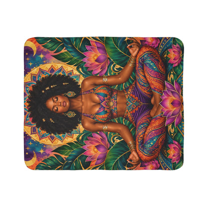 Meditation Goddess Sherpa Blanket — Afrocentric Lotus Yoga Fleece Throw